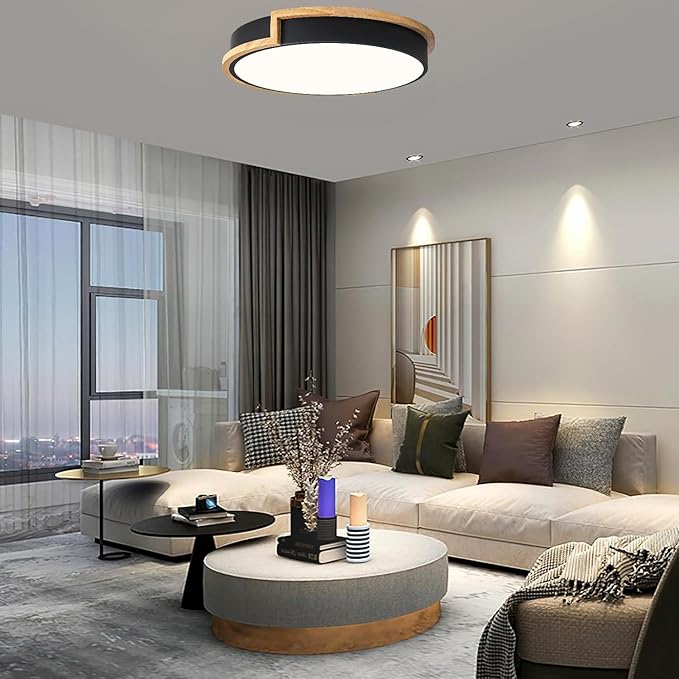 Dimmable Wood Flush Mount Ceiling Lights, Modern LED Black 5CCT 2700K-6000K Lighting Fixtures, Round Ceiling Lamp for Kitchen Living Room Dining Room Bedroom, 15.8in