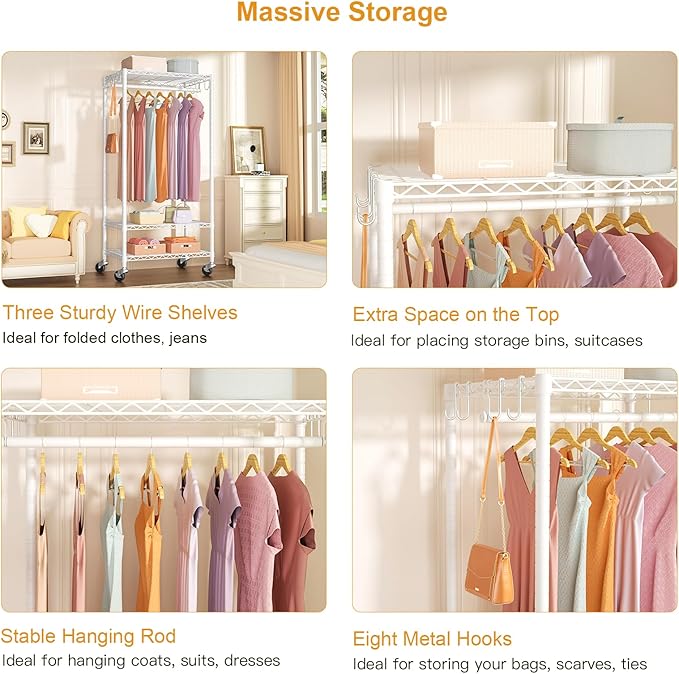 FUTASSI P6 Medium Rolling Clothes Rack Heavy Duty, Clothing Racks for Hanging Clothes, Freestanding Garment Rack with Wheels, Portable Closet Rack Max Load 370 LBS, 30''W x 14''D x 77.6''H, White