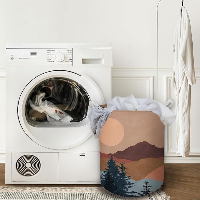 Boho Laundry Basket, Mid Century Modern Boho Sun Forest Mountain Waterproof Collapsible Laundry Hamper Dirty Clothes Storage Toy Bin Organizer for Bathroom Bedroom Nursery Girls Kids Room