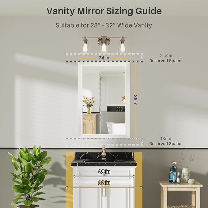 24x36 Inch White Bathroom Mirror for Wall, Thick Metal Framed Rectangle Mirrors for Over Sink, Bedroom, Living Room, Entryway, Anti-Rust, HD Tempered Glass