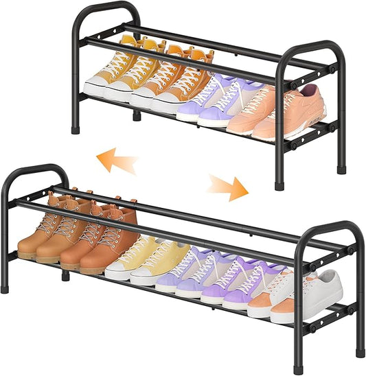 2 Tier Shoe Rack, Shoe Organizer for Closet, 28“ Metal Shelf Can Expandable to 42“, for Bedroom, Entryway, Closet, Garage, Adjustable to 12 Pairs Shoes, Black