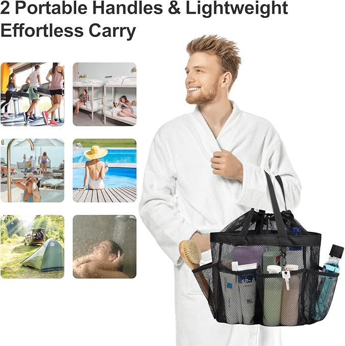 F-color Mesh Shower Caddy Portable with Drawstring - Upgrade Deeper 7 Pockets Dorm Room Essentials for Guys Girls with S Hook, Shower Bag Basket Tote for College Camping Bathroom, 2 Pack Black