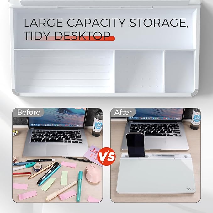 TOWON Small Compact Glass Desktop Whiteboard with Storage – 12 x 7 in Dry Erase Board for Desk, Home Office, School | Includes 5 Markers, Eraser & Holder | Space-Saving Organizer, Aesthetic White