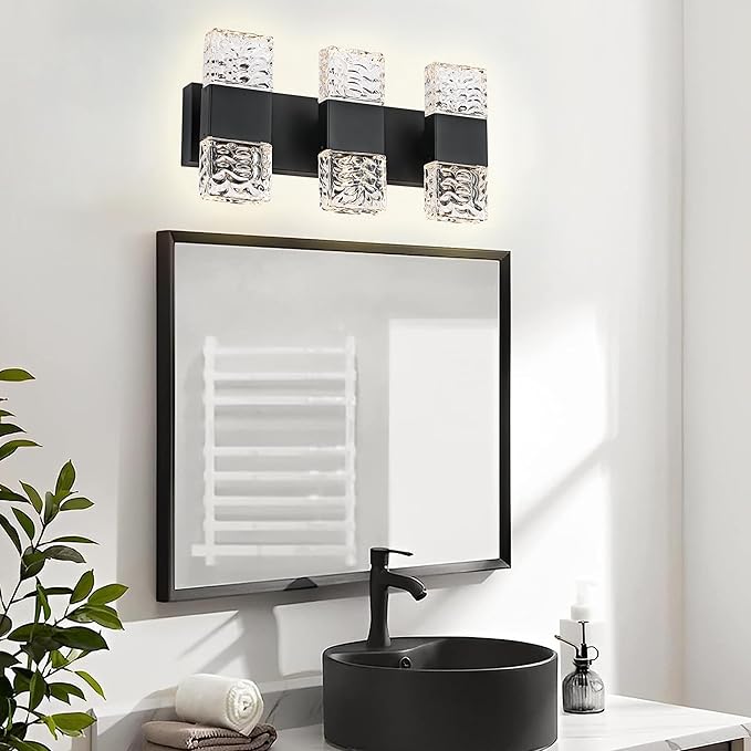 MELUCEE Modern LED Bathroom Lights Over Mirror 24W Dimmable Crystal Wall Sconce LED Vanity Light Bar 3 Lights Black Bathroom Wall Light Fixtures for Bath Powder Room, 3000K Warm Lighting