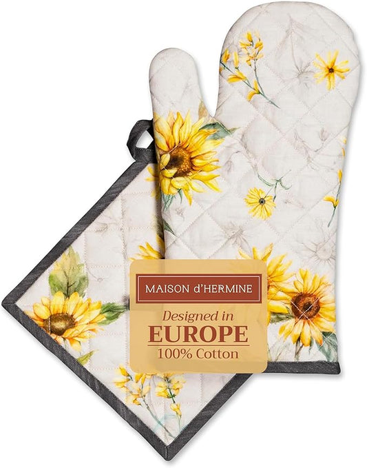 Maison d' Hermine 100% Cotton Oven Mitt & Pot Holder Set (7.5"x13" & 8"x8") Heat Resistant BBQ Cooking Gloves with Loop, Baking, Grilling, Kitchen, Handling Hot Pans Spring/Summer (Candice)
