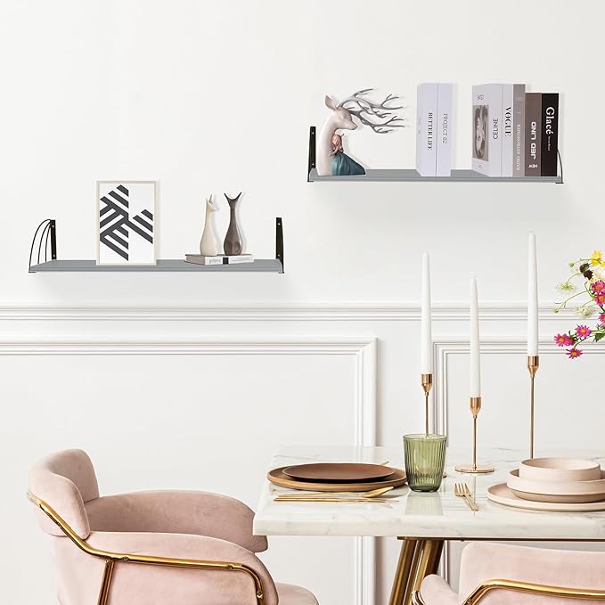 Pine Wood Grey Floating Shelf with Elegant Lines, Bookshelf Set of 2, 31.5x7.87 Inch