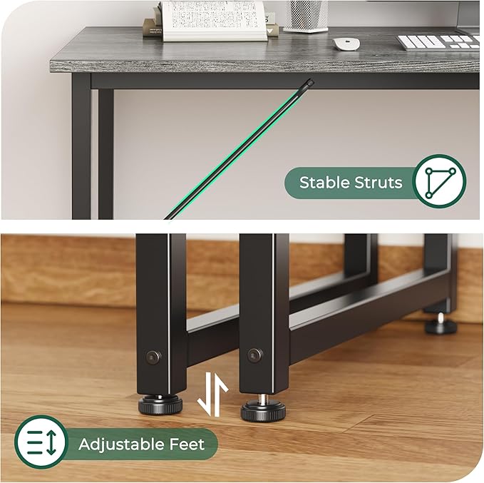 Huuger Computer Desk, 55 Inch Home Office Desk, Gaming Writing Work from Home Study Desk, Large Legroom, Sturdy Metal Frame, Modern Simple, Grey