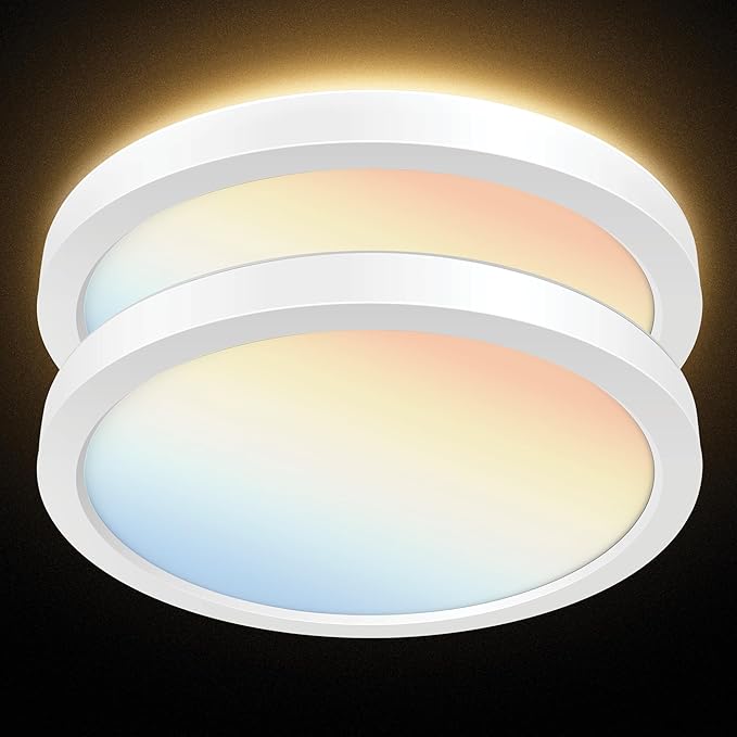PARMIDA (2 Pack) 12 Inch LED Flush Mount Ceiling Light with Night Light, 30W, ETL, 5 Color Selectable 2700K/3000K/3500K/4000K/5000K, 2400LM, Dimmable, Ultra Thin Round Modern Flat Panel, White Finish