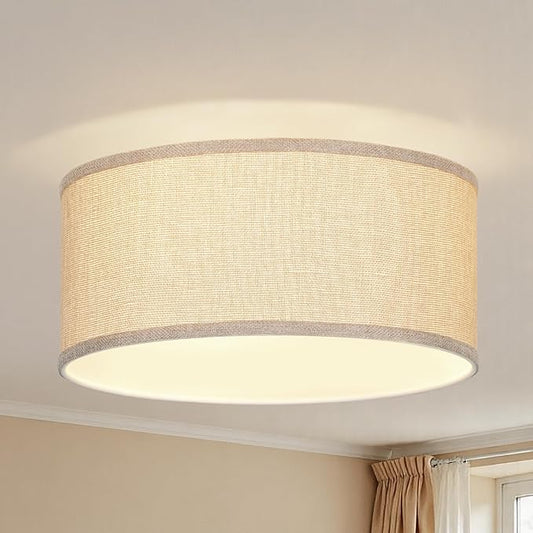 13 Inch Flush Mount Ceiling Light with Burlap Linen Drum Shade, Semi Flush Mount Ceiling Fixture, 3-Light Drum Light Fixture,Rustic Farmhouse Style for Bedroom, Living Room, Hallway, Entryway