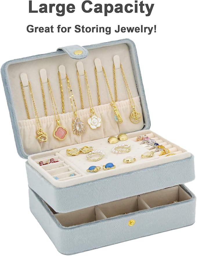 KOOAAICCHI Small Jewelry Box, Travel Jewelry Organizer, Portable Jewelry boxes for Women Girls Gift, Double Layers PU Leather Jewelry Holder for Rings, Earrings, Necklaces-Velvet Blue