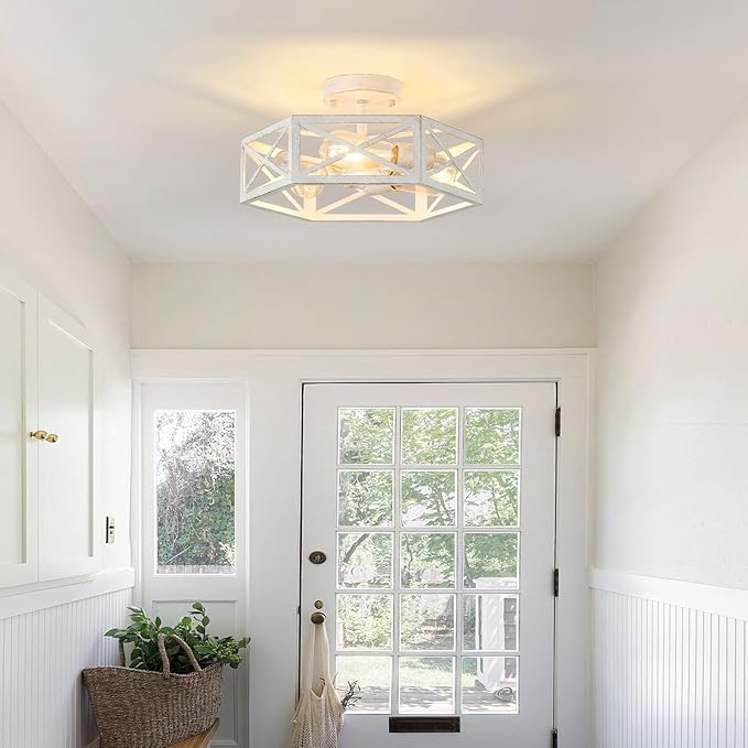 3-Light Flush Mount Ceiling Light Fixture, Modern Close to Ceiling Light with White Metal Hexagon Cage, Farmhouse Ceiling Light for Bedroom, Hallway, Entry, Foyer, Kitchen