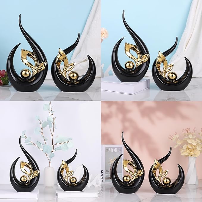 DOVDOV Black and Gold Home Decor, Abstract Ceramic Statue Set of 2 for Home Living Room Shelves, Coffee Tables, Shelves, Dining Table centerpieces