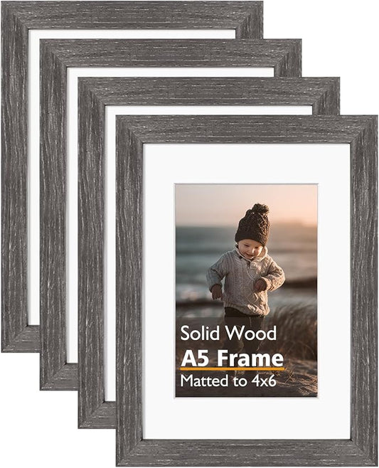 KINLINK A5 Picture Frame, Ash Black Solid Wood Frames with Acrylic Plexiglass for Pictures 4x6 with Mat or A5 without Mat, Tabletop and Wall Mounting Display 4 Pack