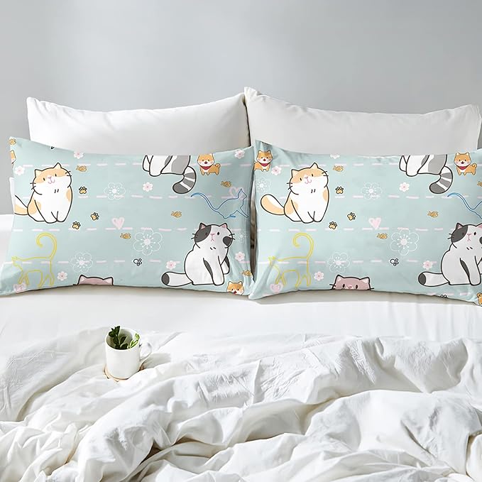 Cat Comforter for Girls Kids Teen, Cartoon Cat Bedding Set Full Size, Cute Animal Pattern Blue Comforter Set Soft Breathable Microfiber Quilt for All Season 3Pcs with Pillowcases