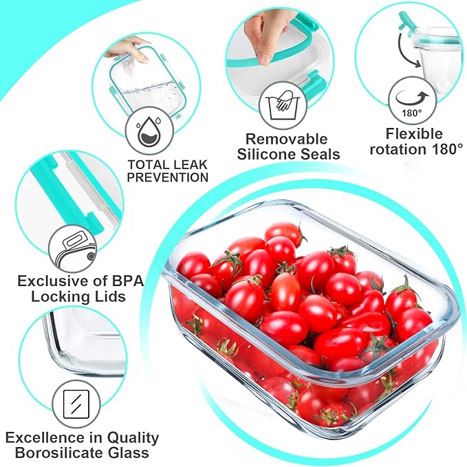 VERONES 5 Pack 36 OZ Glass Meal Prep Containers, Airtight Glass Lunch Containers Set, Glass Food Storage Containers with Lids,Exclusive of BPA, for Microwave, Oven, Freezer & Dishwasher Friendly,Green