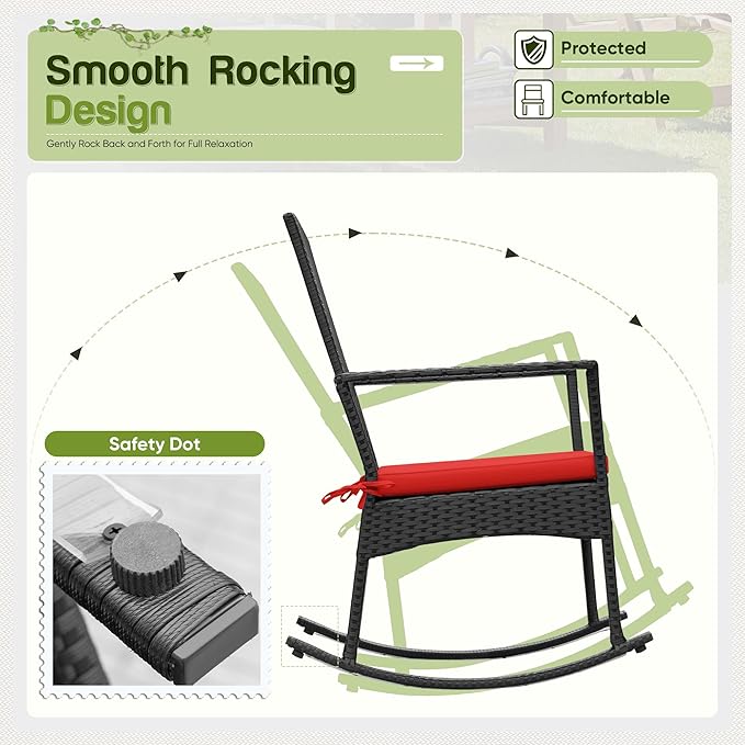 Flamaker Rocking Chair Outdoor PE Rattan Patio Chairs with Glass Table High Back Porch Rocker for Balcony, Garden, Backyard (Red)