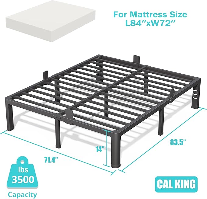 14 Inch California King Bed Frame with Rounded Corner and Headboard Hole Mattress Retainers 3500 lbs Heavy Duty Support Metal Platform Bed Frame Noise Free No Box Spring Needed Easy Assembly