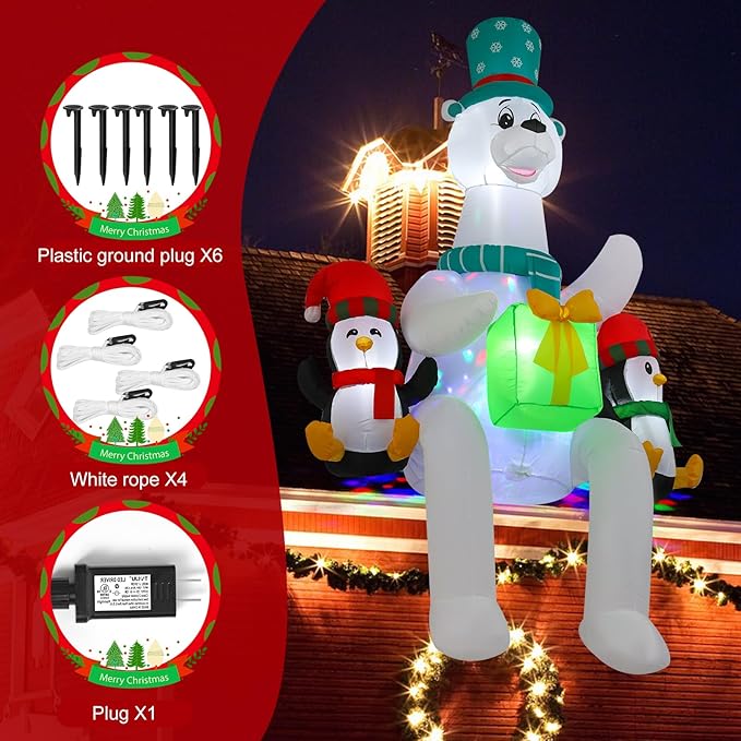 8 FT Polar Bear Inflatable Decoration Sitting on Roof with LED Lights and Kaleidoscope Lights, Suitable for Holiday Celebration Decorations on Yard, Lawn and Patio