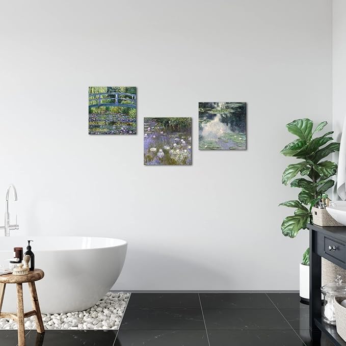 Innopics Lily Pond Canvas Wall Art Impressionist Painting Picture Natural Beauty Artwork Green Garden Classic Decoration for Bedroom Bathroom 12" x 12" x 3PCS