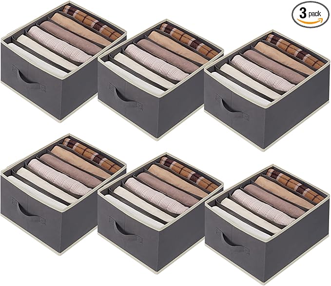 6 Pcs Large Size Wardrobe Clothes Organizers 6 Grids for Pants, Jeans, Sweater, T-shirt, Dress Stackable Closet Drawer Organizer Storage Bin Container with Sturdy Handles, Dark Grey