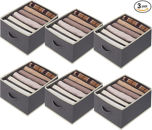 6 Pcs Large Size Wardrobe Clothes Organizers 6 Grids for Pants, Jeans, Sweater, T-shirt, Dress Stackable Closet Drawer Organizer Storage Bin Container with Sturdy Handles, Dark Grey