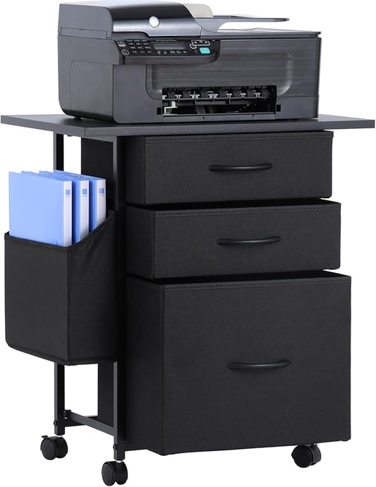 Printer Stand with 3 Fabric Drawer, Mobile File Cabinet for Home Office with Storage Bag, Rolling Under Desk Organizer Shelf, Fits A4 or Letter Size, Complete Top Plate Fast Assembly (Night Black)