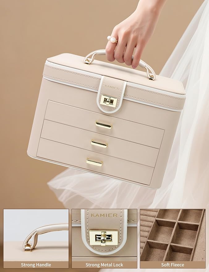 KAMIER Jewelry Organizer Box, 4 Layer Jewelry Organizer with Mirror, 3 Drawers, Large Jewelry Box for Bracelets, Earrings, Rings, Necklaces, Mothers Day Gifts for Loved One, Beige