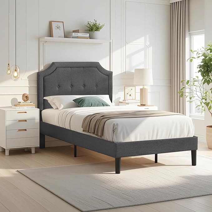 VECELO Twin Upholstered Platform Bed Frame with Adjustable Button Stitched Panel Headboard,Strong Wood Slat Support,Velcro Design,Mattress Foundation/Easy Assembly,Grey