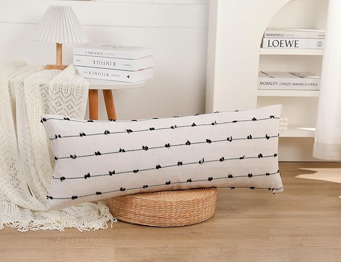 Long Lumbar Throw Pillow Cover 14x36,Stripe Pattern Cotton Black Boho Extra Long Decorative Pillow Cover Pillow Case Cushion Cover for Bed Sofa Couch Farmhouse,Skinny Modern Accent