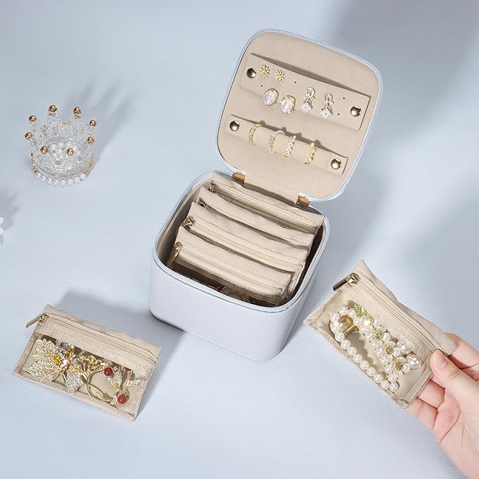 DesignSter Small Jewelry Box, Travel Small Jewelry Organizer with Earring Tray and Ring Holder, Square Travel Jewelry Storage Case with 6 Velvet Jewelry Pouches, Blue Gray