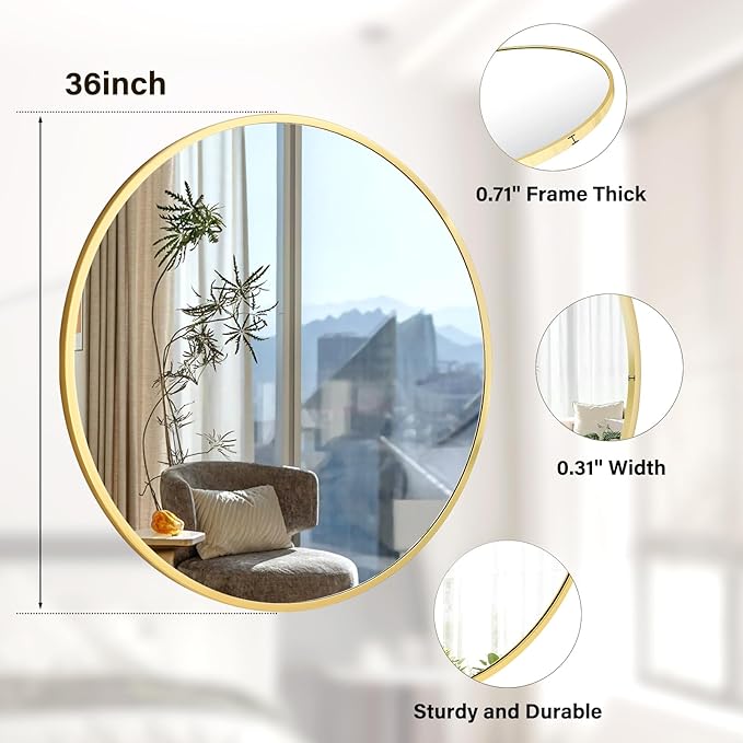 36 Inch Round Mirror - Circle Mirrors for Bathroom, Entryway and Living Room Wall Decor, Modern Hanging Vanity Mirror, Matte Gold Circle Decorative Wall Mirror
