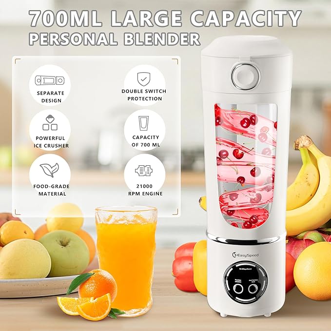 EasySpeed Personal Portable Blender,USB Type-C Rechargeable,700ml Juicer Cup,12 Stainless Steel Blades,4 Gear Modes,1500mAh Battery Capacity,Perfect for Fresh Juice at Home (White)