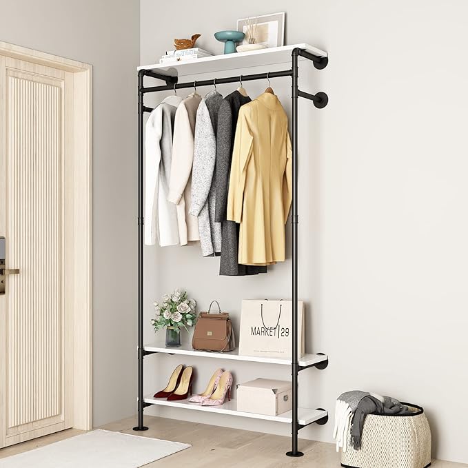 Industrial Pipe Clothing Racks with Shelves, Wall Mounted Clothes Rack for Hanging Rods, Heavy Duty Black Clothing Racks With Three Shelves Retail Display Garment Rack for Home