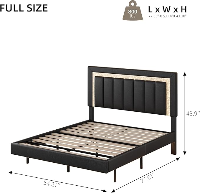 HOMBCK Floating Bed Frame Full with Smart LED Lights, Faux Leather Upholstered Bed Frame Full with Diamond Headboard, No Box Spring Needed, Noise Free, Easy Assembly, Black