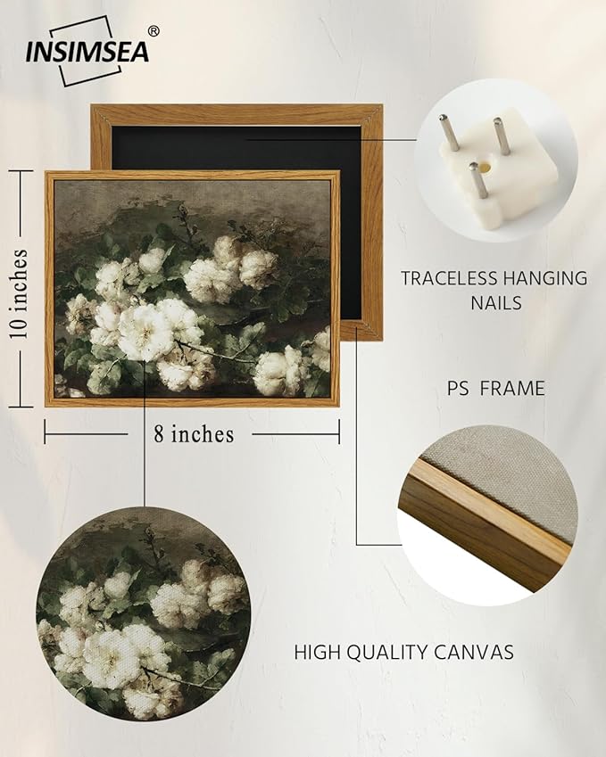 InSimSea Framed Canvas Wall Art, Vintage Flower Pictures For Bedroom, Living Room, Bathroom Desk, Office Decor, 20x25cm(7.9x9.8in) Samll for