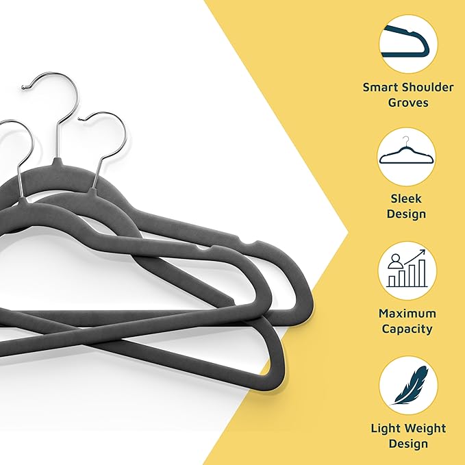 Velvet Non-Slip Hangers - 20 Pieces Non-Slip Coat Hanger Set with 360° Swivel Hook, Space-Saving, Sleek Design, Keep Closet Organized, Smooth Velvet Finish, Lightweight Construction - Gray