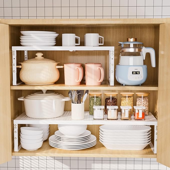 Cabinet Shelf,Expandable Adjustable Stackable Kitchen Organizer,for cabinets, Kitchens, countertops, bathrooms Shelf Organizer(3Packs/White,Medium)