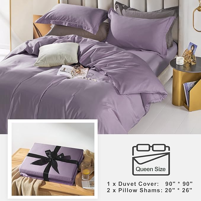 MILDLY 100% Long-Staple Cotton Duvet Cover Set Queen Size Purple Comforter Cover Sets Ultra Soft Bedding Set 3 PCS with Zipper Closure & Corner Tie (No Comforter)