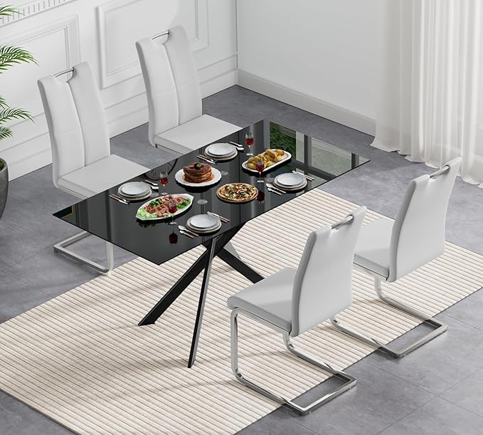 Goujxcy Modern Glass Dining Table Set for 4, Black Glass Kitchen Table and Chairs Set, 5 Piece Dining Room Table Set with 51" Rectangle Dinner Table and 4 Grey Leather Dining Chairs