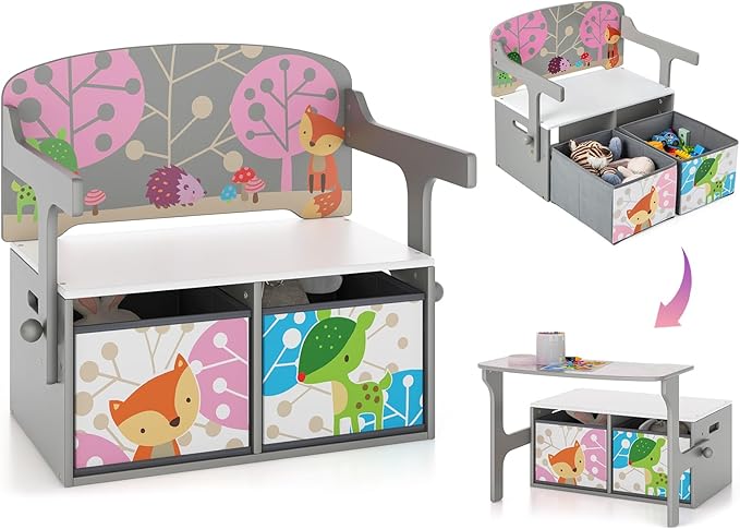 HONEY JOY Kids Table and Chair Set, 3-in-1 Convertible Wooden Toy Storage Bench with Handle, 2 Bins for Kids Reading Nook, Toddler Table and Chair Set for Daycare Playroom Classroom (Gray)