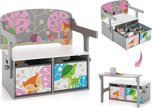 HONEY JOY Kids Table and Chair Set, 3-in-1 Convertible Wooden Toy Storage Bench with Handle, 2 Bins for Kids Reading Nook, Toddler Table and Chair Set for Daycare Playroom Classroom (Gray)