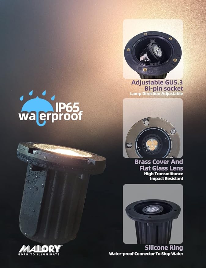 MALORY Brass Top Cover Landscape Well Lights,(4.6''H) 12V Low Voltage Outdoor In Ground Lights,Landscape Lighting for Pathway, Driveway and Garden 1-Pack Without Bulb (Flat Top)