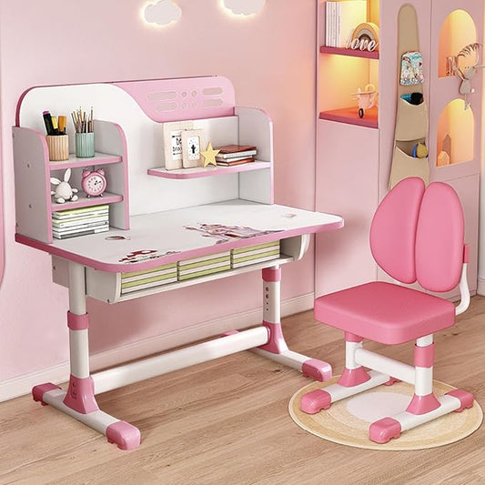Study Desk with Chair, Height Adjustable Kids Desk and Chair Set, Widened Children Desktop, Children Learning Desk and Chai Set with Spacious Storage Drawer, Pink Desk Chair for Girls (Pink-C)