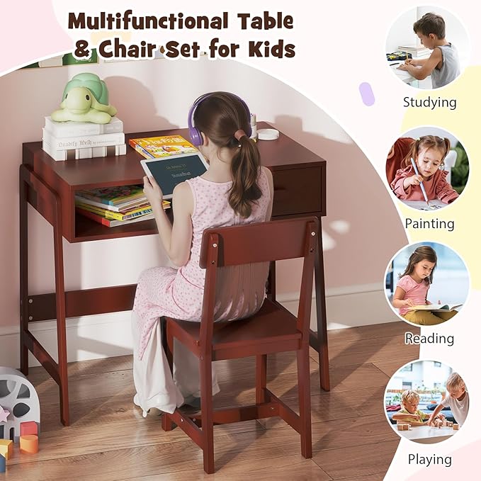 HONEY JOY Kids Desk and Chair Set, Wooden Children School Study Table and Chair w/Storage Drawer & Hutch, Student Writing Desk Computer Workstation for Bedroom, Gift for 3+ Years Old (Brown)