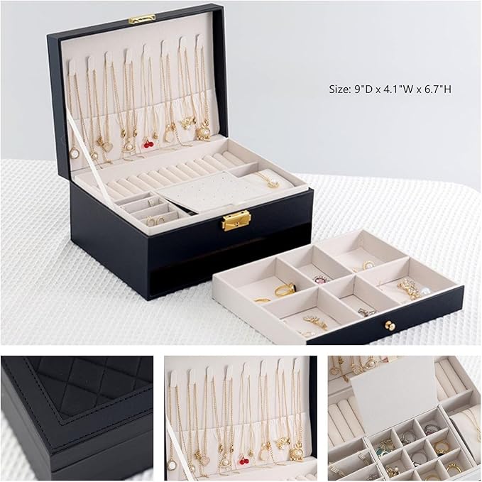 Jewelry Box for Women Girl Wife - Large PU Leather Jewelry Organizer Storage Case with Two Layers Display for Earrings Bracelets Rings Watches (Black)