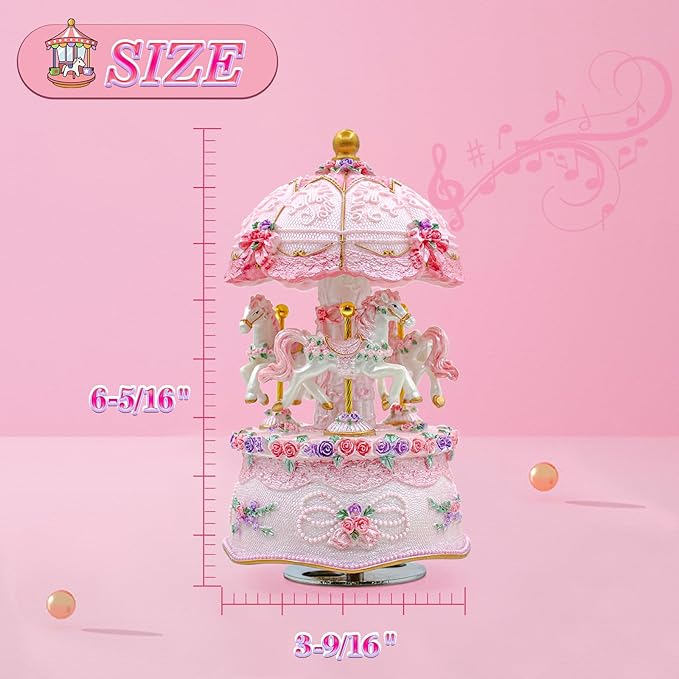 Carousel Music Box，Luxury Color Change LED Light Music Box,Luminous Rotating 3-Horse Musical Box with Gift Box for Girls Birthday Valentine Gift (Castle in The Sky, Pink)
