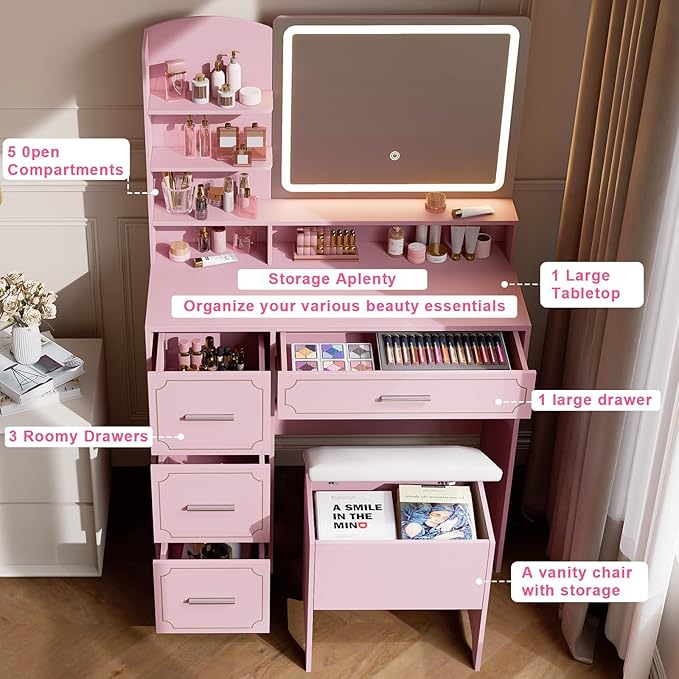 Vanity Table with LED Mirror & Power Outlet - 5 Open Shelves, 4 Drawers - Includes Padded Stool - Ideal Bedroom Makeup Dressing Table （Pink）