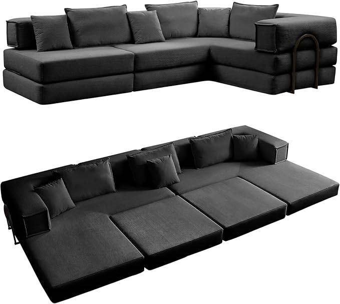 Rovibek 118" 5-in-1 Memory Foam Boneless Sectional Couch, Modular Convertible Sleeper Sofa Bed, Full Size No Assembly Required DIY Combination, Oversized Lazy Sofa with Fixed Frame Black