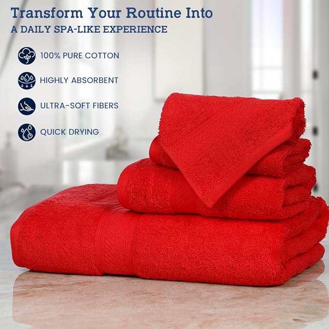 Casa Lino 4 Piece Bath Towel Set | 1 Bath Towel, 2 Wash Cloth, 1 Hand Towels | Bathroom Essentials for New Home, 100% Cotton Luxury Towels, Highly Absorbent Bathroom Set, Red