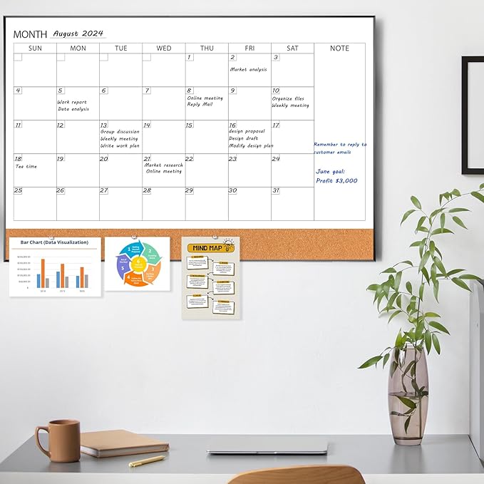 ARCOBIS Dry Erase Calendar with Cork Board for Wall, 36"x 24" Magnetic Calendar Whiteboard with Black Frame, Monthly Combination Board for School, Home, Office